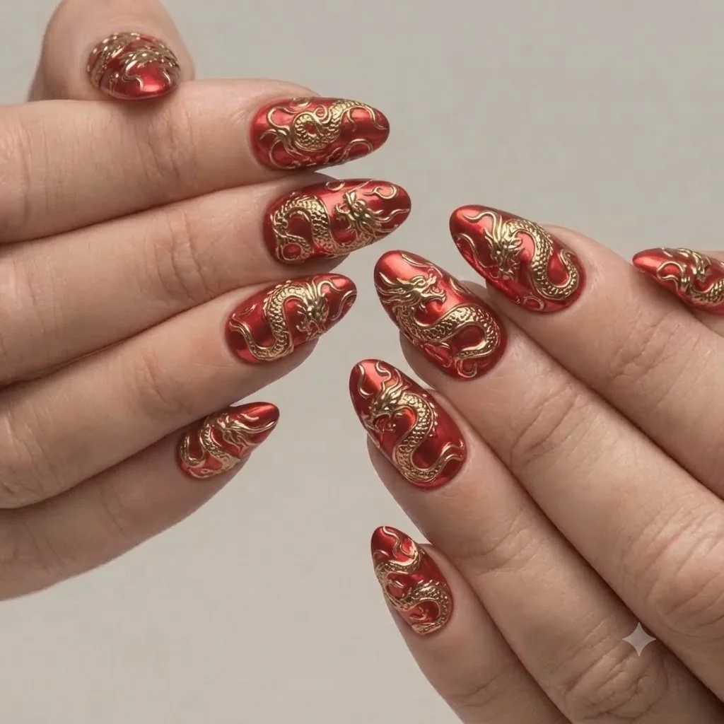 Dragon nails in a red and gold chrome finish, the editorial manicure trend taking over Pinterest and nail salons in 2026