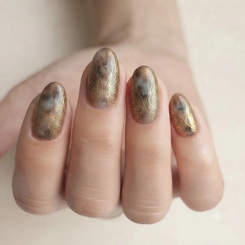 Romantasy dragon nail design in bronze and smoke tones with gold wing line art