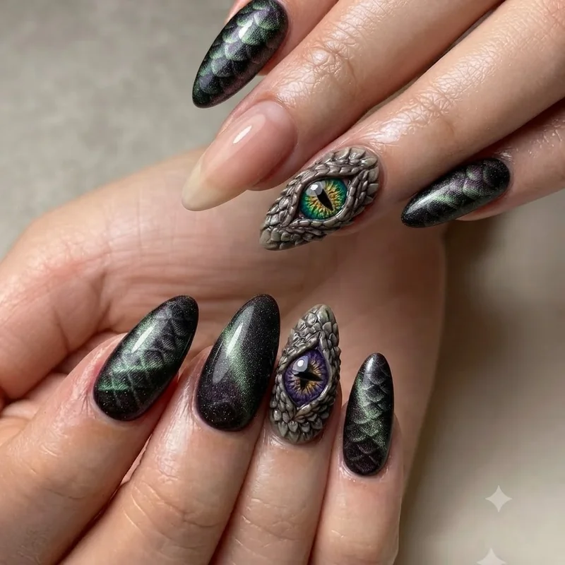 Dragon scale chrome cat eye nails shown beside a hand painted dragon eye nail design