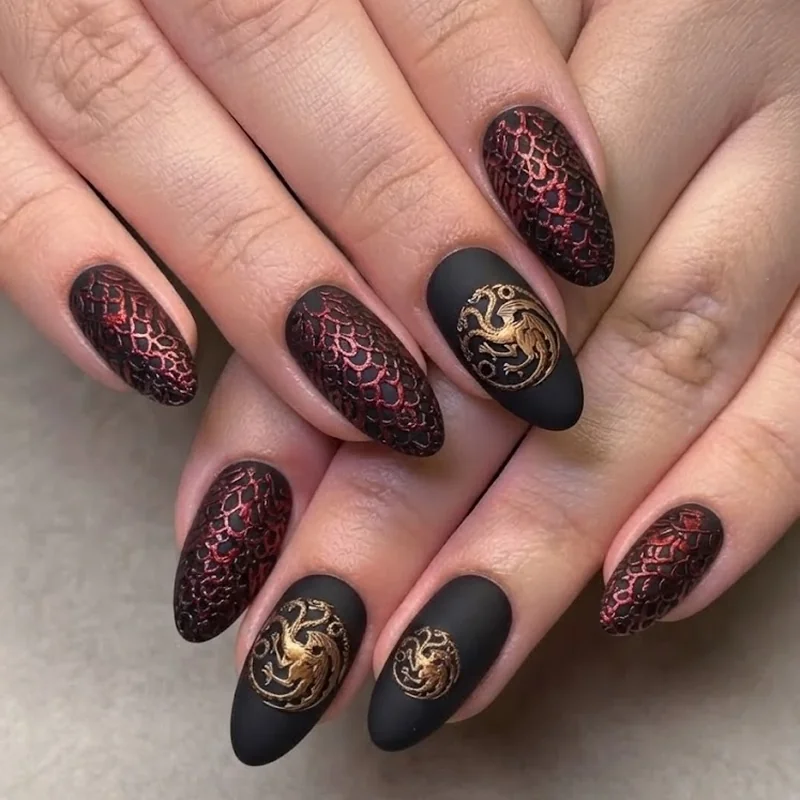 House of the Dragon inspired Targaryen nail design in matte black and deep red