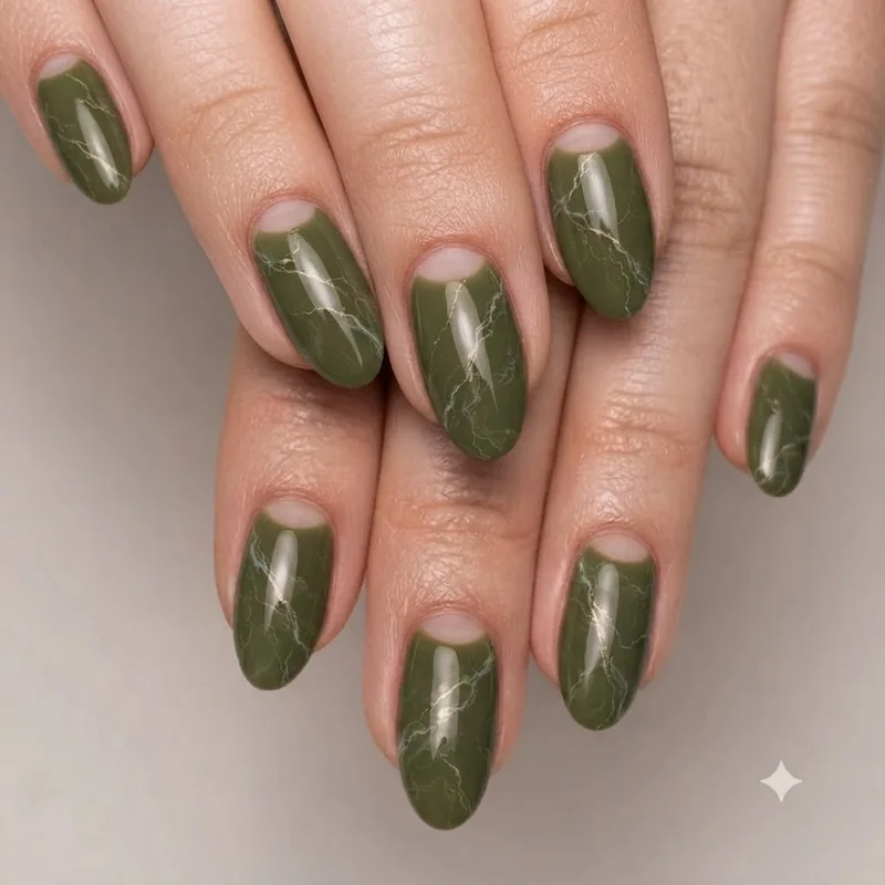 Olive green manicure with subtle marble effect and negative space detail near cuticle