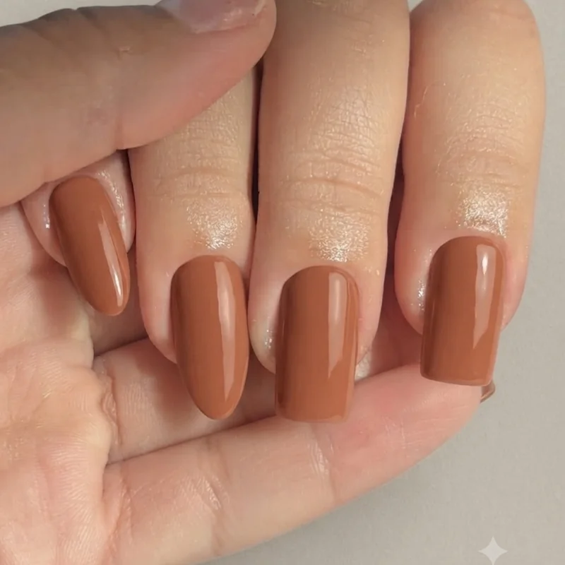 Same earthy nail shade compared across almond and square shapes side by side