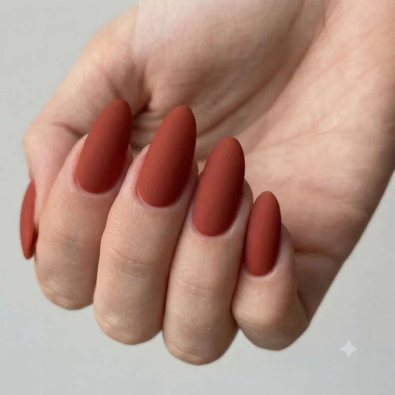 Terracotta matte manicure almond shape single coat earthy nail inspo editorial photo