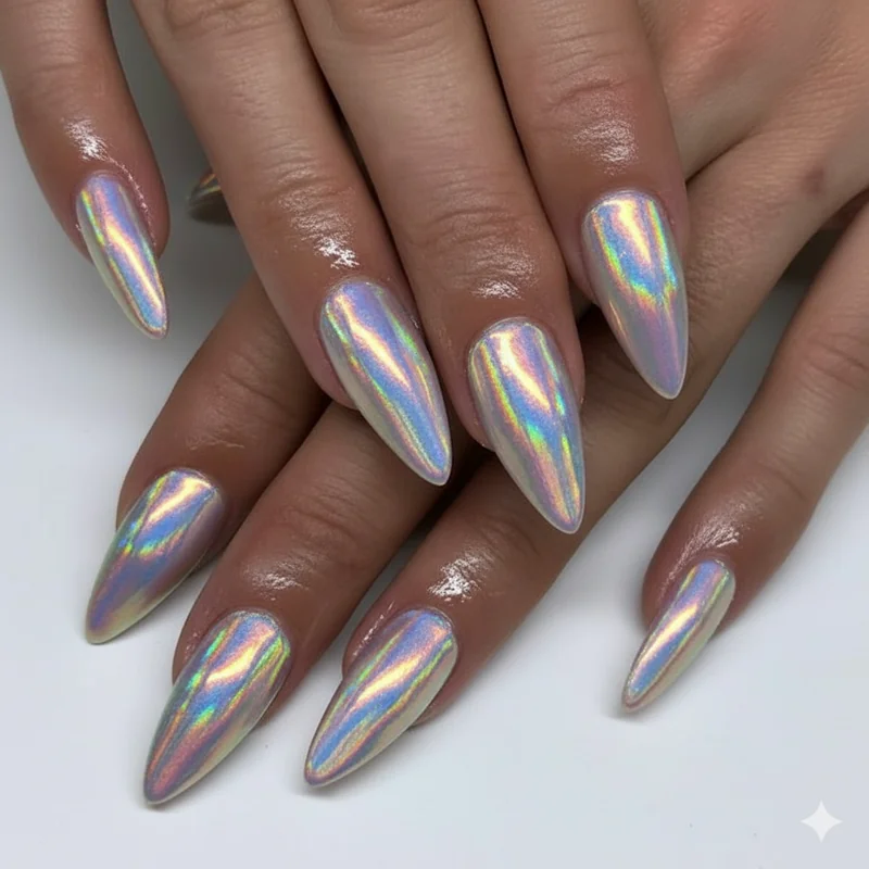 Holographic chrome laser holo nails showing full rainbow spectrum reflection under LED stage lighting at EDC Las Vegas rave festival