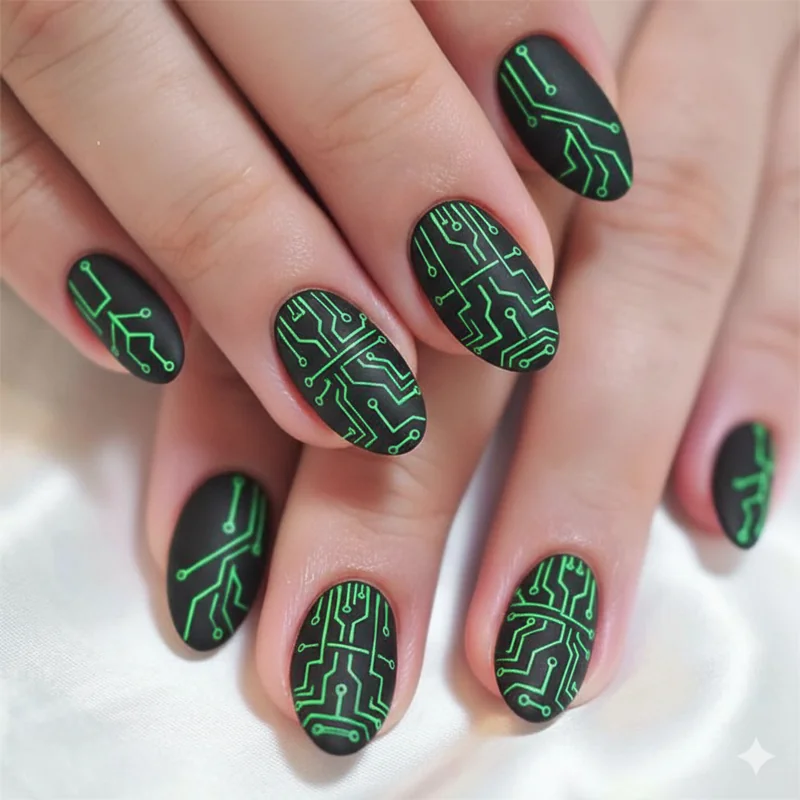 Matte black gel nails with electric circuit neon accent design for neonGARDEN techno rave crowd EDC Las Vegas dark aesthetic manicure
