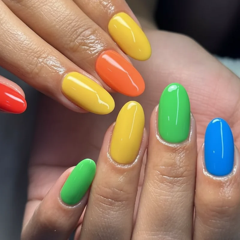 Skittle nails showing different colour on every finger in electric rainbow kandi-coded gel set for EDC Las Vegas rave festival manicure