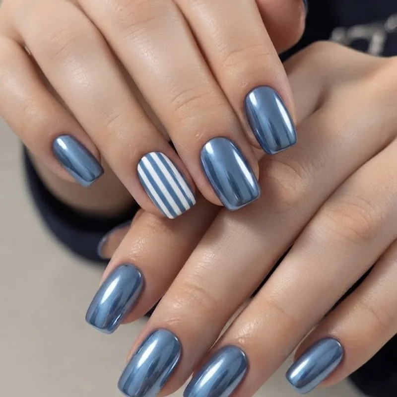 Denim blue chrome and cabana stripe end of august nails styled for a Labor Day weekend gathering