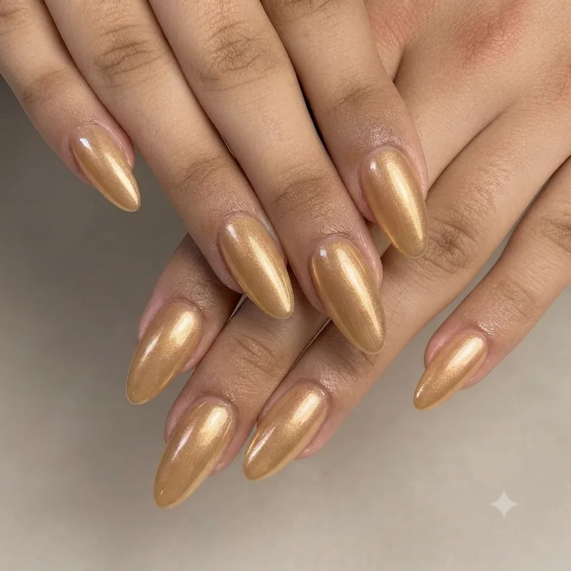 Golden hour glazed chrome manicure with honey-toned shimmer finish across all ten nails