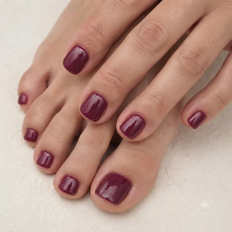 Pedicure in a deep berry transitional toe nail colour shown in close-up detail