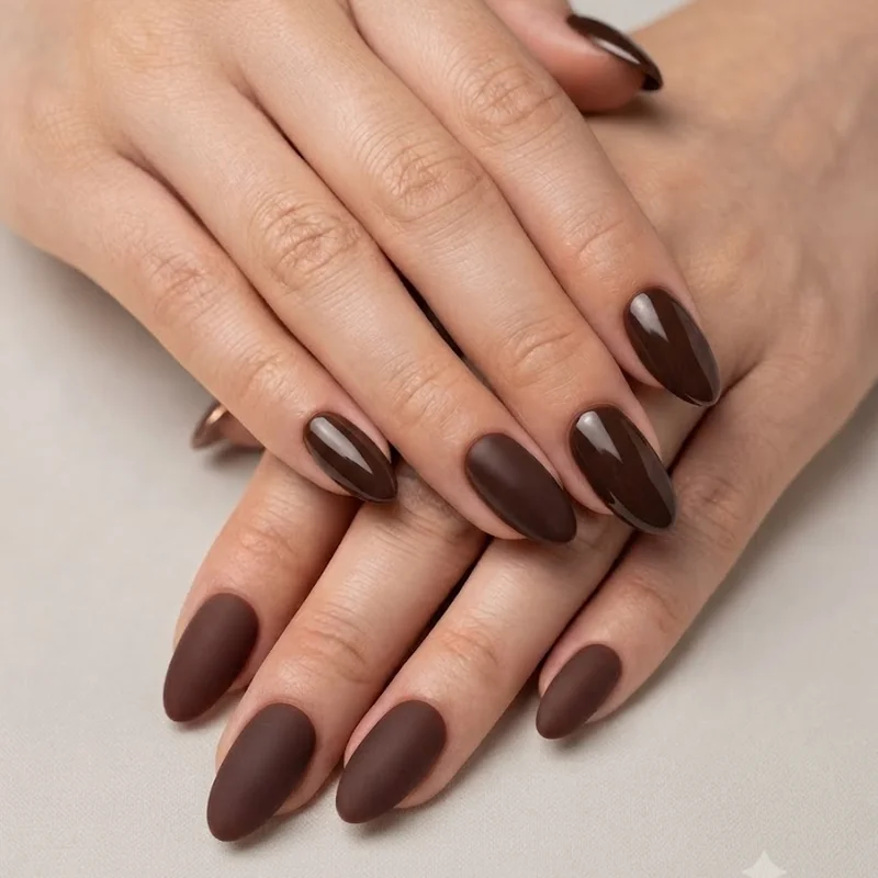 Matte brown nail finish compared against glossy brown nail finish for fall in a split shot