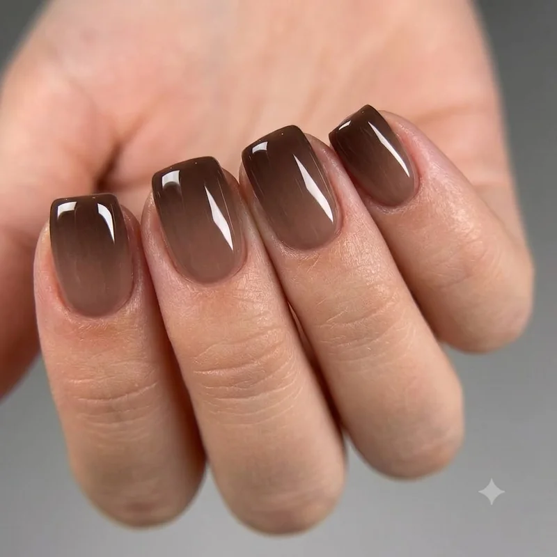 Short fall nail set in mocha caramel semi-sheer polish with matte topcoat finish