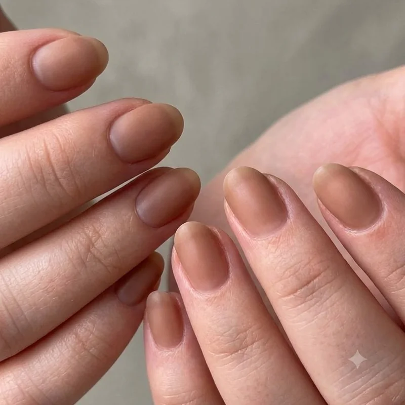 Close-up of squoval short fall nails shape with clean rounded corners and matte finish