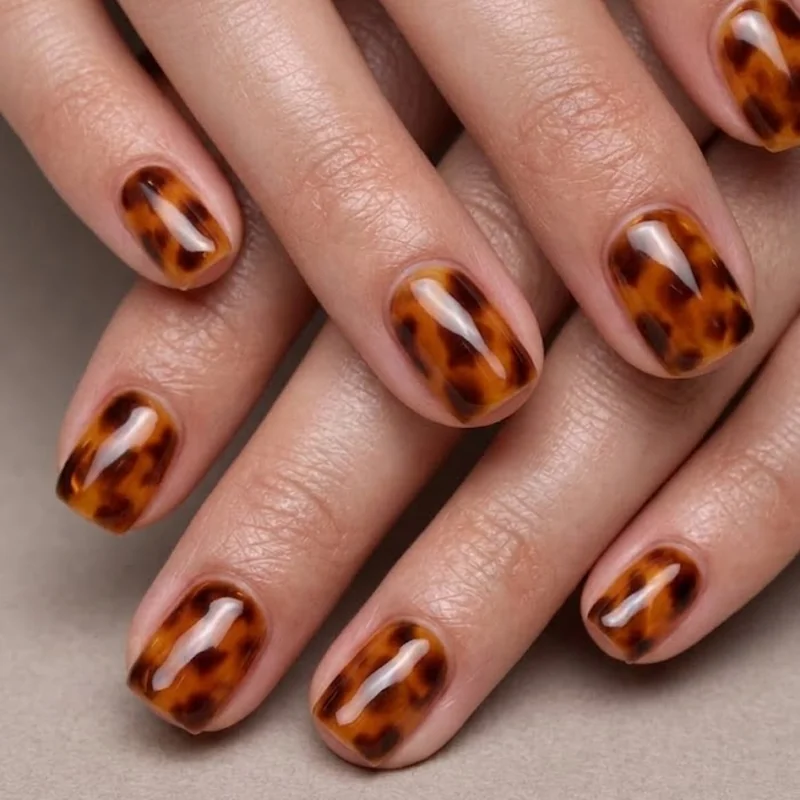Short tortoiseshell nails fall squoval shape with compact scaled amber and brown pattern