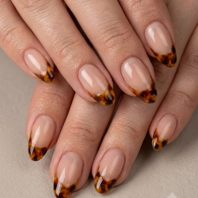 Tortoiseshell French tip nails fall almond shape with sheer nude base and layered tip pattern