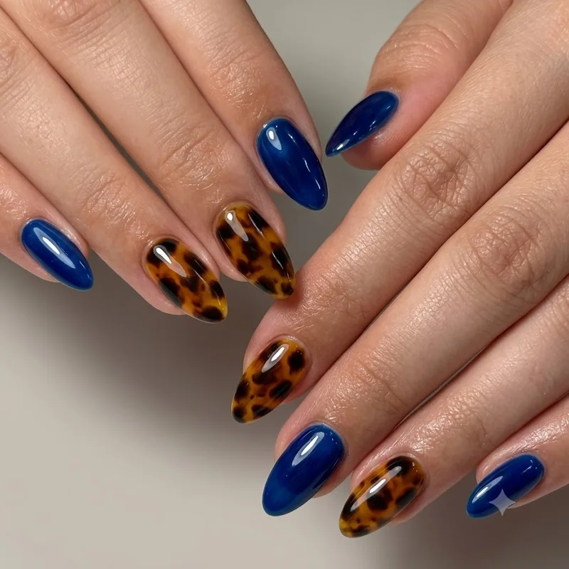 Tortoiseshell jewel tone nails fall mix and match set with sapphire accent nails