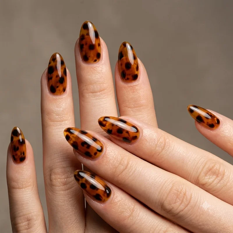 Tortoiseshell nails fall full set on almond shape with glossy layered amber and black finish