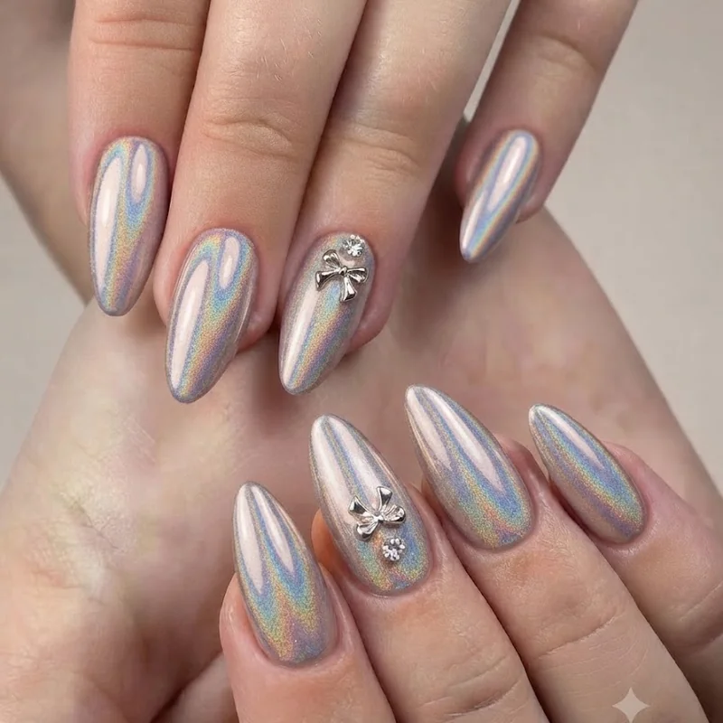 Chrome holographic rave nail set with 3D charm accents on coffin shape