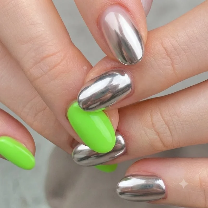 Close-up of press-on rave nail set application in neon and chrome finishes