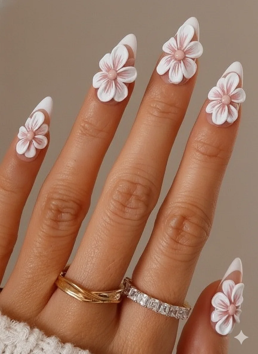 3D sculpted acrylic floral nail art showing raised petal texture and dimensional blooms on soft white nail base salon technique