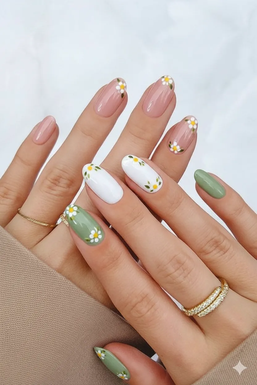 Best base colours for floral nail art showing blush nude soft white and sage green polish swatches for mothers day manicure