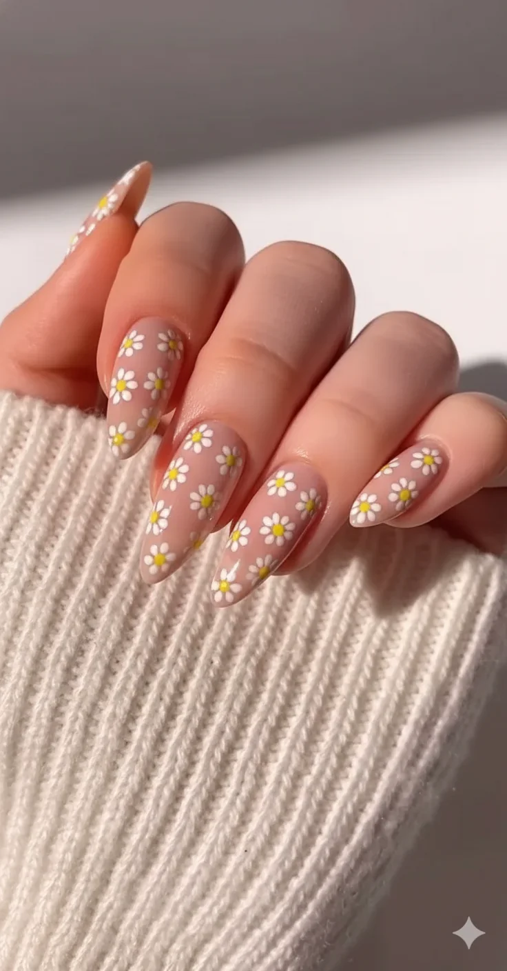Daisy nail art technique using dotting tool showing white petals and yellow centre on blush pink base for spring manicure