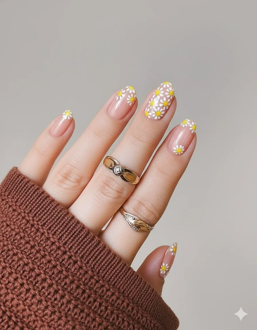 Floral nail designs on short oval and squoval nails showing micro daisy and single bloom accent nail designs for shorter lengths