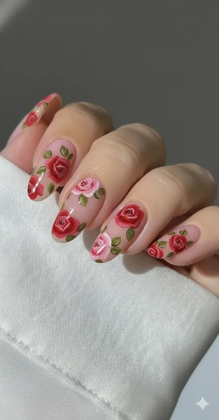 Hand painted rose nail art showing red pink and nude base colour variations for mothers day manicure colour range comparison