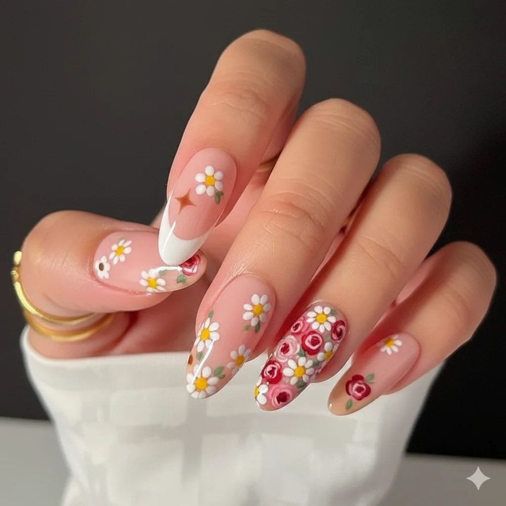 Micro floral nail art showing tiny rose and daisy designs on ring finger accent nail with nude base and fine brush detail work