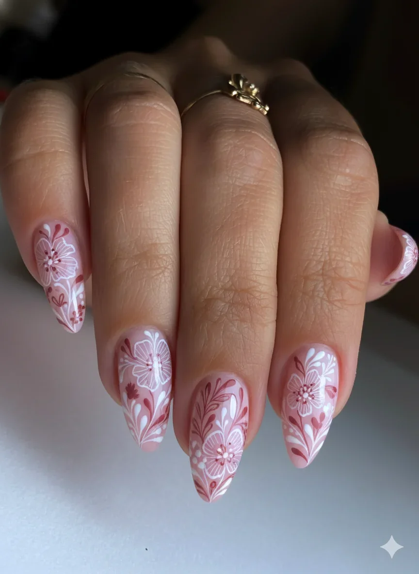 Spring 2026 botanical nail art showing fine line floral designs and airy translucent motifs across soft blush almond nails