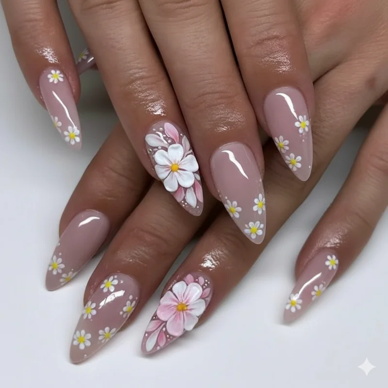 Floral nails summer editorial guide showing micro daisies, 3D sculpted blooms, and tropical hibiscus nail art styles