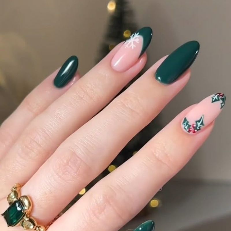 deep forest green christmas nails with glossy finish traditional evergreen shade on oval nails