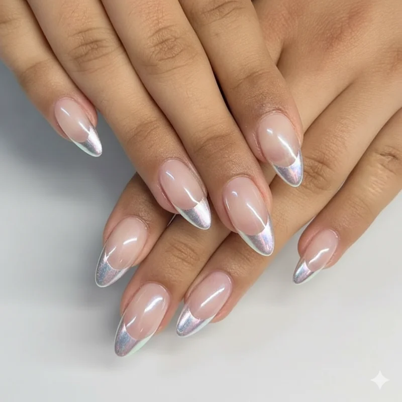 Glass French tips 2026 chrome cat eye gel finish light reflective dimensional effect over sheer jelly base on almond nails