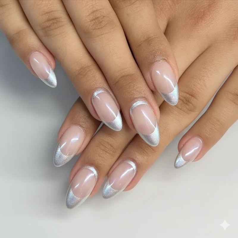 Reverse French manicure 2026 half moon cuticle crescent celebrity inspired lunula accent taupe base peachy pink detail
