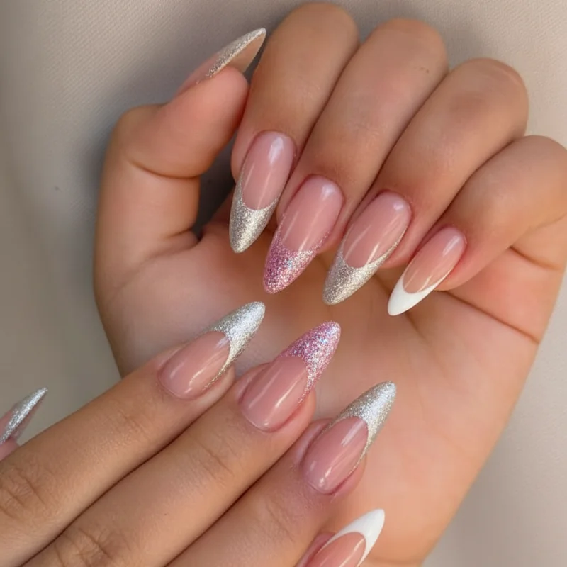 Reverse french manicure ideas showing cuff metallic glitter and mixed finish variations from minimal to editorial nail art styles
