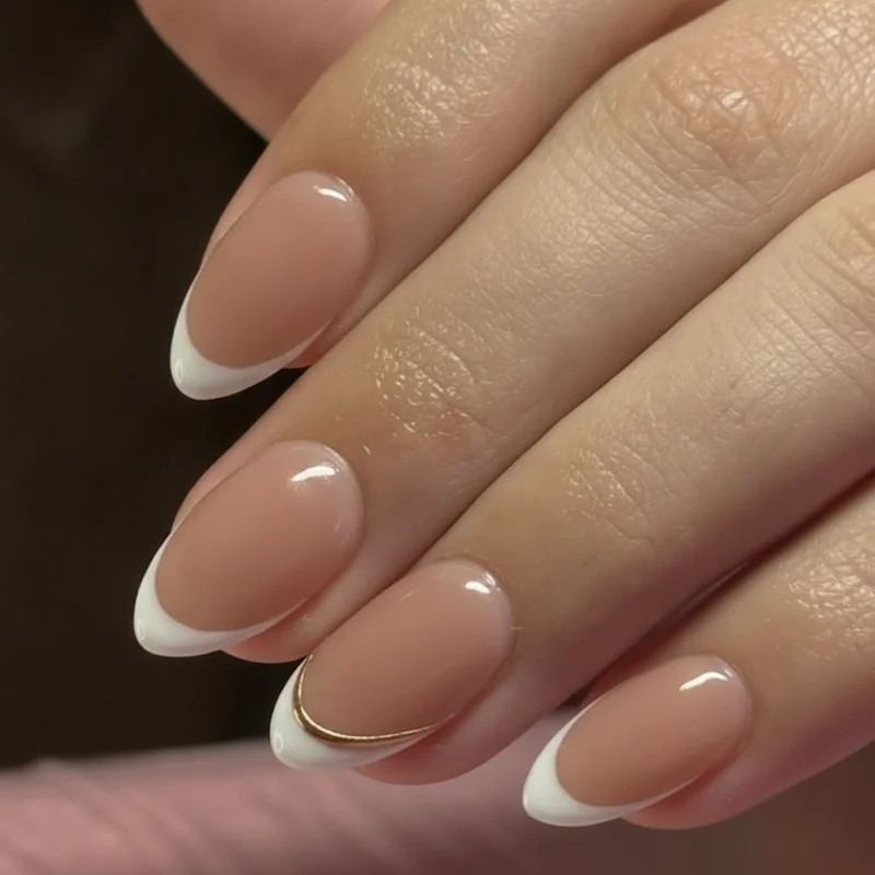 Reverse french manicure work appropriate office look showing nude base white arc on short oval nails clean professional manicure 2026