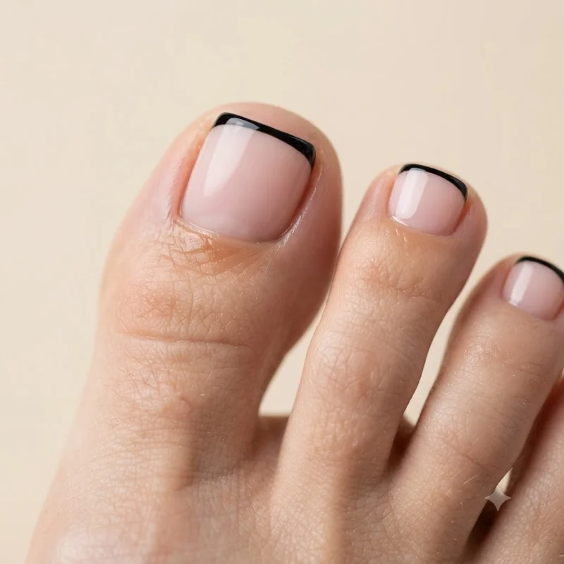 Close up detail shot of the smile line on black french tip toes showing thin glossy tip application