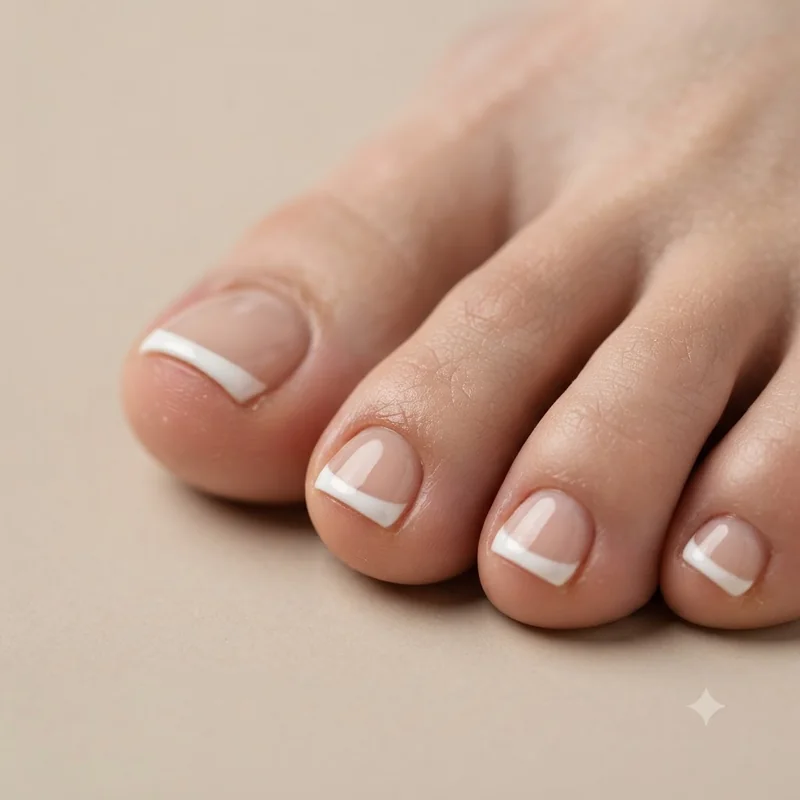 Close up of short toenails with a thin french tip and well groomed nail bed