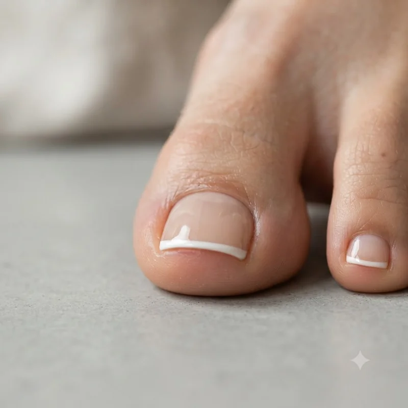 Thin white french tip on a short toenail demonstrating better nail bed proportion