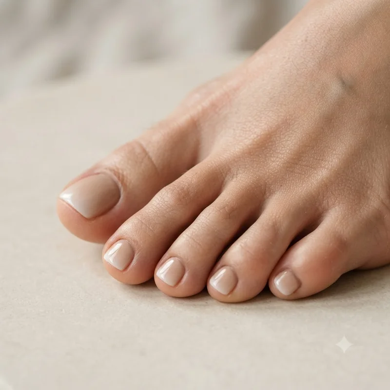 Milky beige French pedicure with creamy tan-toned base and soft white tip