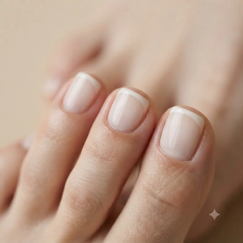 Close-up of a milky French pedicure showing sheer white base and thin soft tip