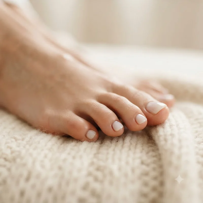 Milky french pedicure for wedding with soft white tip and dreamy soft-focus bridal shot