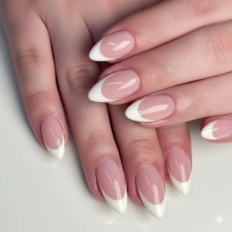 Classic white and off-white vanilla french tip almond nails on sheer nude base showing 2026 modern slim smile line proportion update