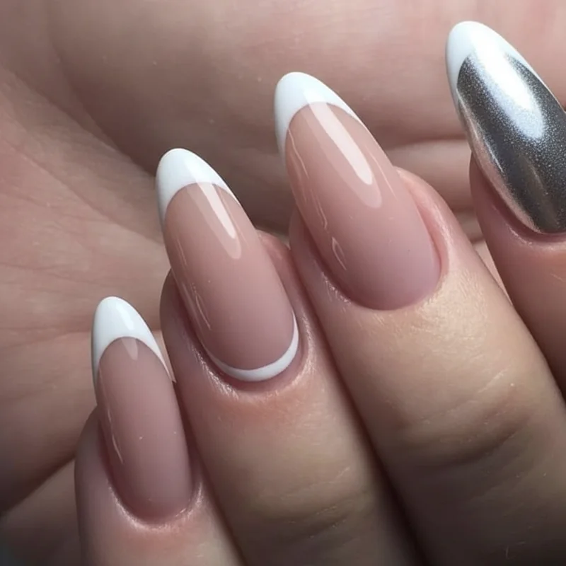 French tip almond nails showing classic white micro and chrome variations on sheer pink base for 2026 inspiration guide