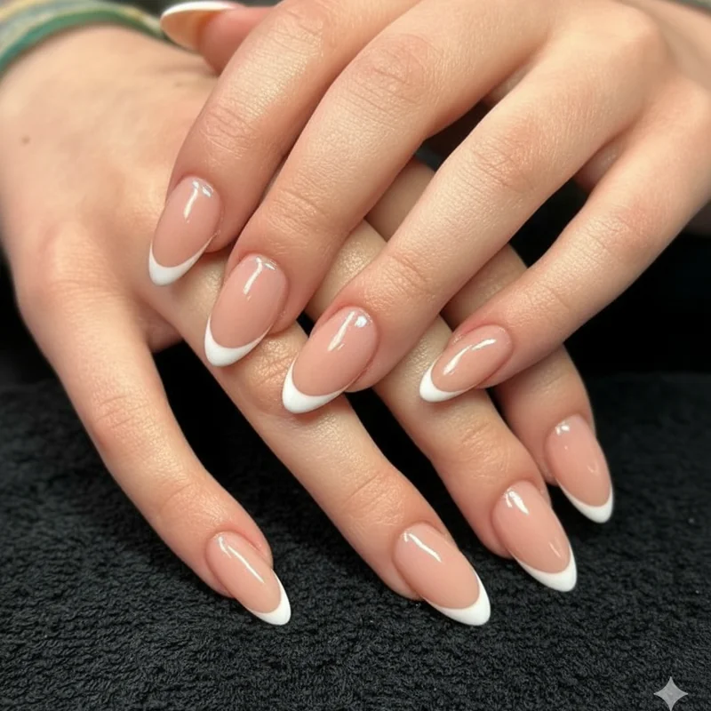 Short almond french tip nails showing slim micro tip proportion on sheer translucent base with nail elongation effect demonstrated clearly