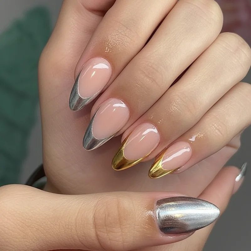 Silver and gold chrome french tip almond nails showing light catching mirror finish and shade comparison on sheer pink and nude base