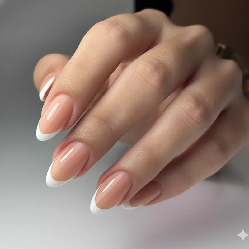 Statement french tip almond nail variations showing double tip 3D embellishment glasswing negative space and optical illusion smile line designs