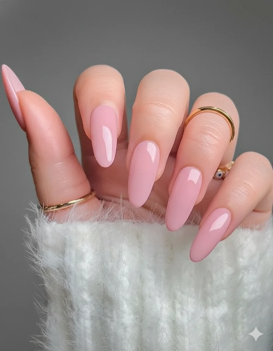 Gel mothers day nails close-up glossy finish on short natural nail in soft blush pink showing chip-resistant spring manicure