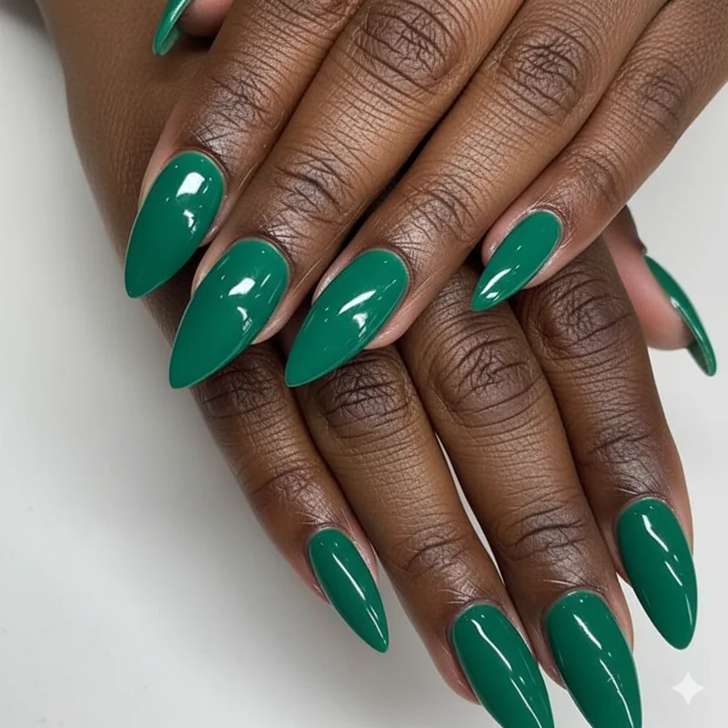 Gel nail colors for dark and deep skin showing emerald sapphire cobalt warm caramel gold nude and terracotta opaque gel swatches on deep brown skin