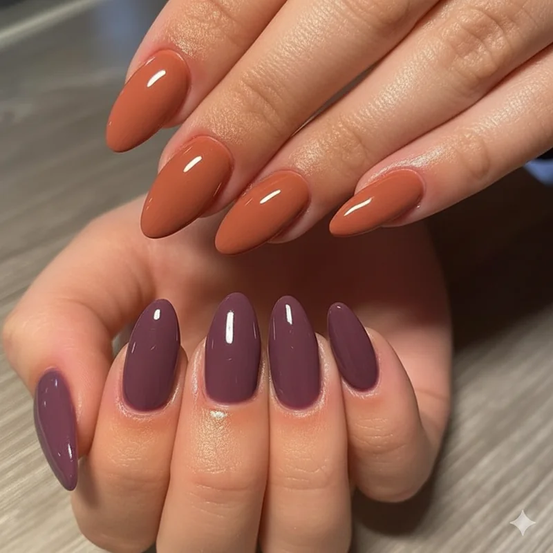 Gel nail colors for medium and tan skin showing warm terracotta rust amber and cool plum teal raspberry swatches on medium brown skin tones
