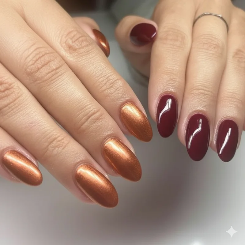 Gel nail colors for olive skin showing warm copper orange burgundy deep forest green and gold chrome swatches against olive skin tone in natural light